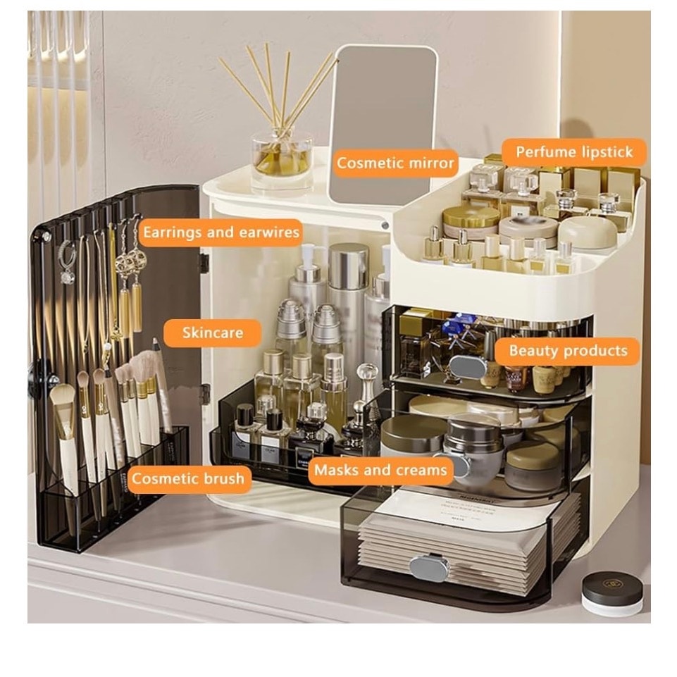 Cosmetics Display Case with Mirror, Large Capacity Cosmetic Storage Box
