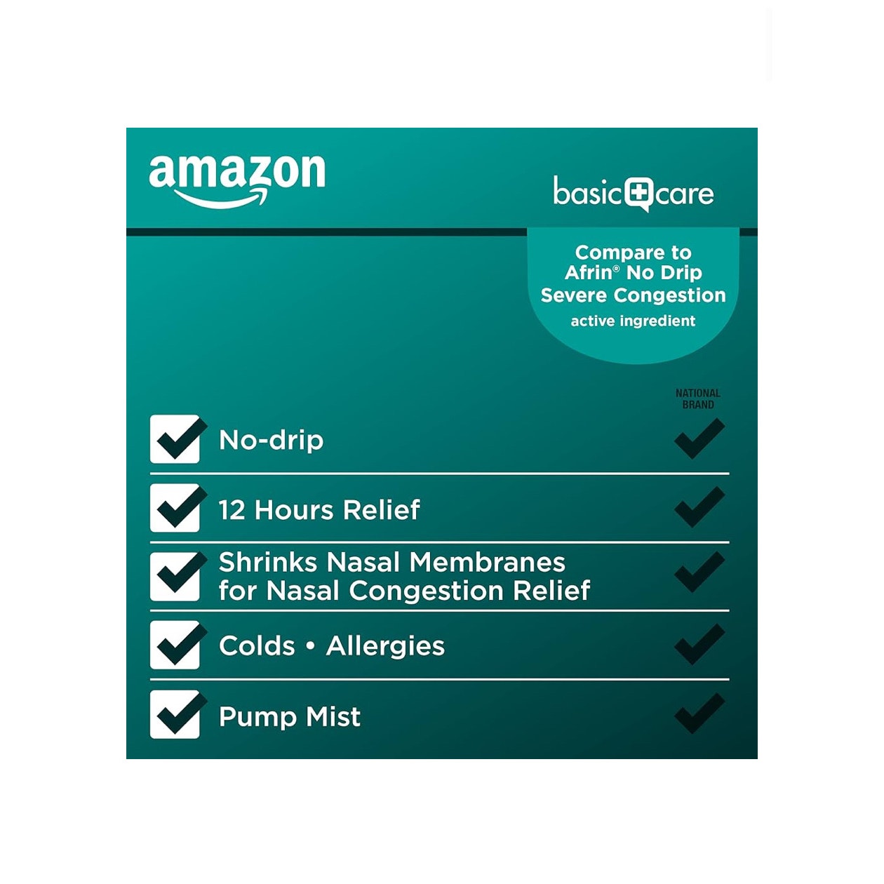Amazon Basic Care No Drip Severe 12 Hour Nasal Decongestant Pump Mist, Steroid Free, Maximum Strength Plus Menthol 1 fl oz