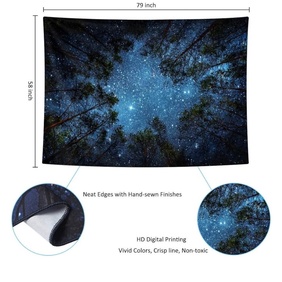 Starry Wall Tapestry, 3D Printing Forest Starry Night Tapestry Star Tree Tapestry Psychedelic Indian Wall Hanging Tapestry for Home Decor Bedroom Living Room, Large 79x58 Inches