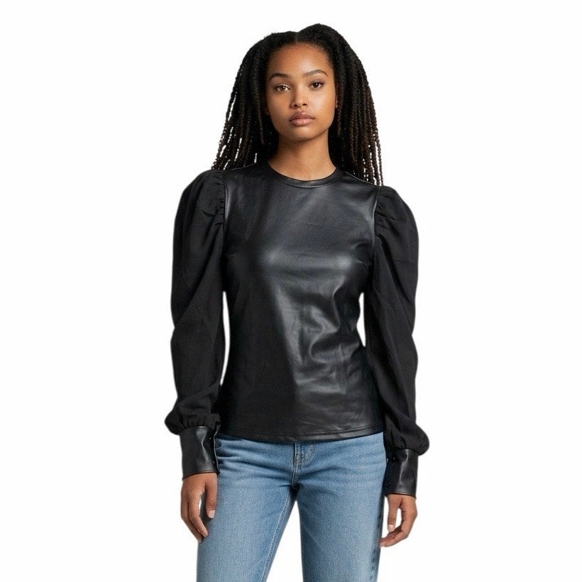 SHEIN black faux leather top features striking puff sleeves