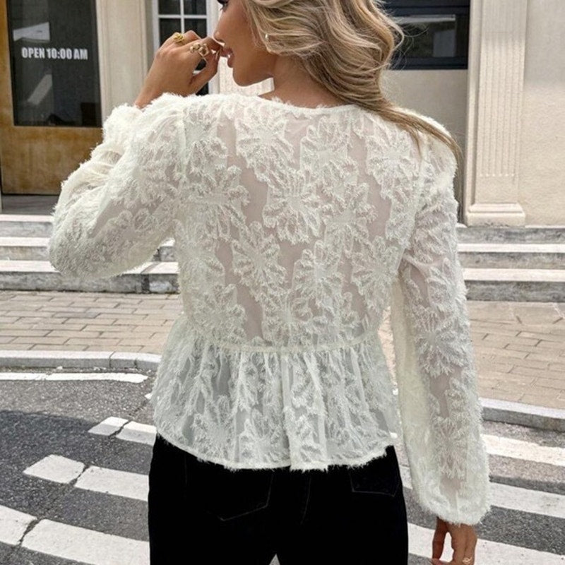 Sheer lace long sleeve white peplum ruffle black bow blouse preppy plazacore