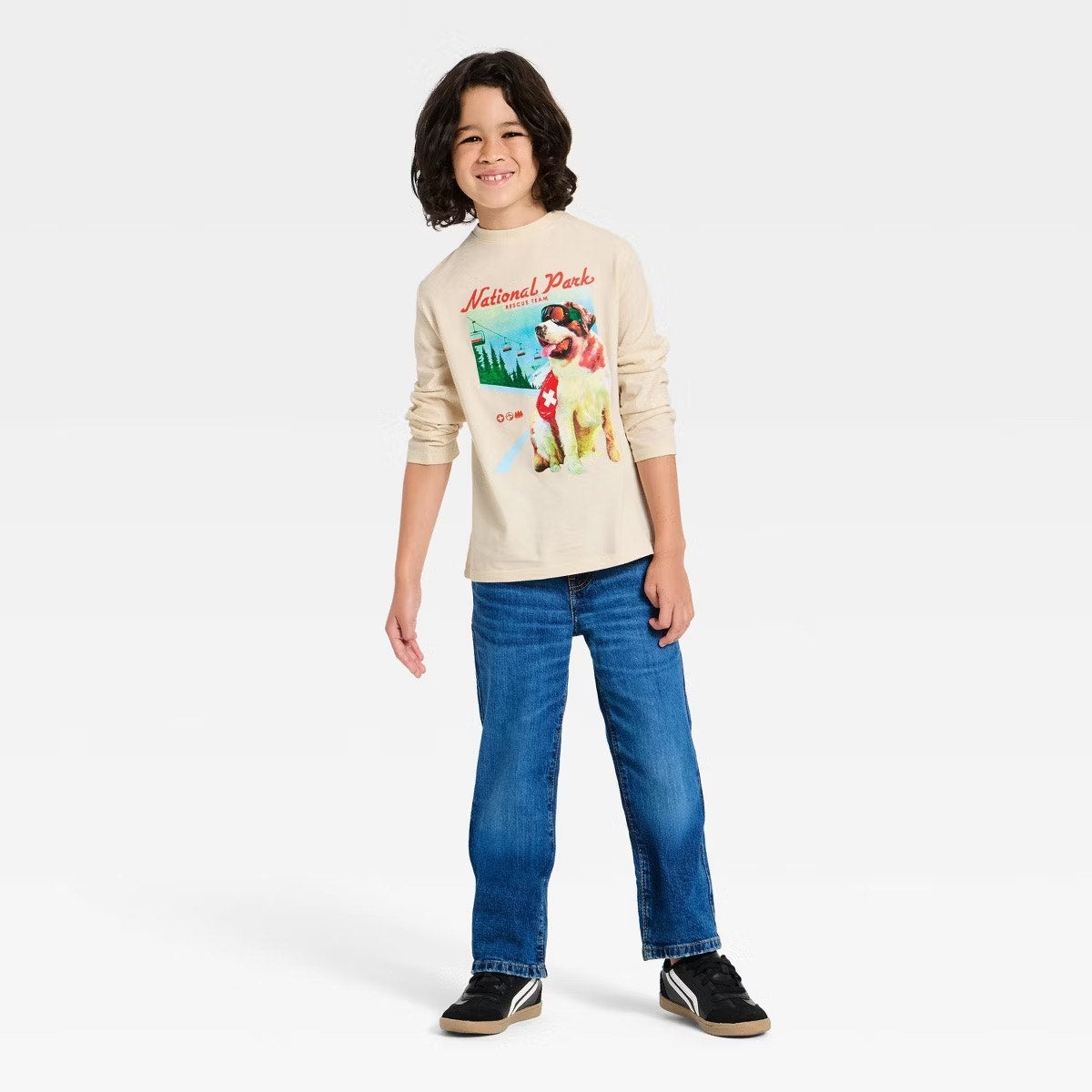 Boys' Long Sleeve 'National Park' Dog Graphic T-Shirt - Cat & Jack Cream L 10/12