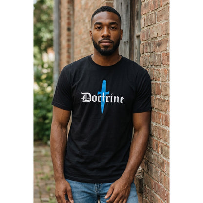 Doctrine Black Men’s T-shirt With Blue Print On It Size XXL