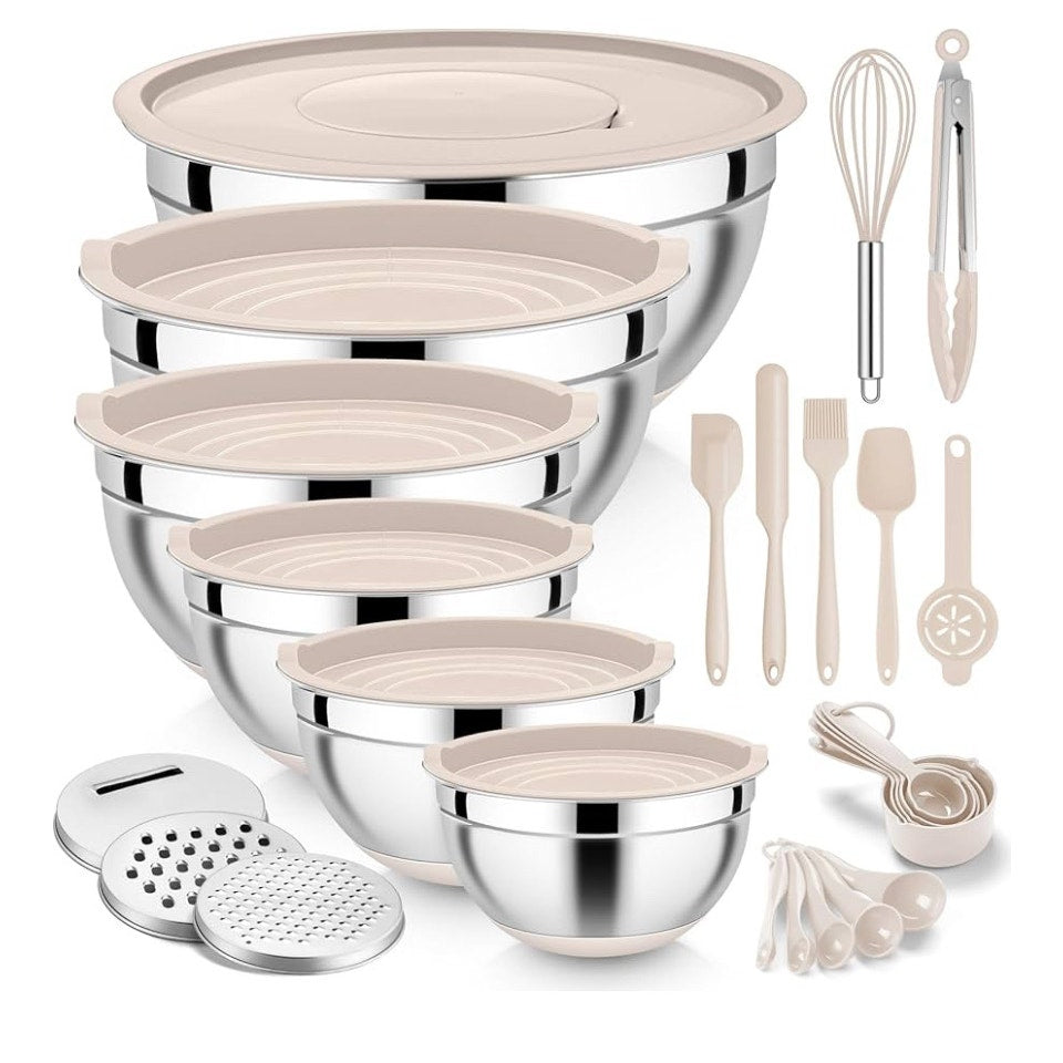 E-far 25PCS Mixing Bowls with Lid Set, Stainless Steel Nesting Prep Bowls with Grater Attachments Non-Slip Bottoms for Cooking, Serving, Food Storage, 4.6/2.6/2/1.5/1/0.7QT - Khaki