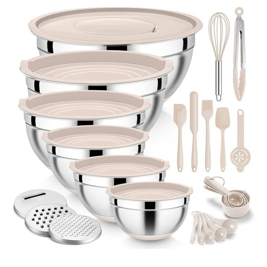 E-far 25PCS Mixing Bowls with Lid Set, Stainless Steel Nesting Prep Bowls with Grater Attachments Non-Slip Bottoms for Cooking, Serving, Food Storage, 4.6/2.6/2/1.5/1/0.7QT - Khaki