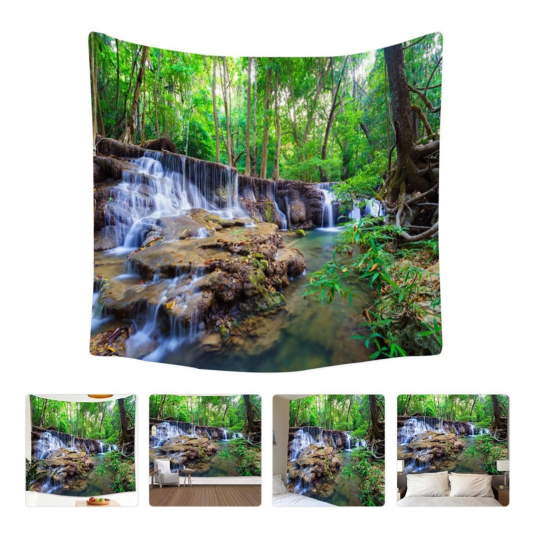 Waterfall Wall Tapestry Green Jungle Wall Hanging Tropical 5ft W X 4.2” L
