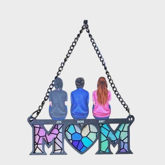 Mother & Children Sitting Bakside  Personalized Suncatcher Ornament