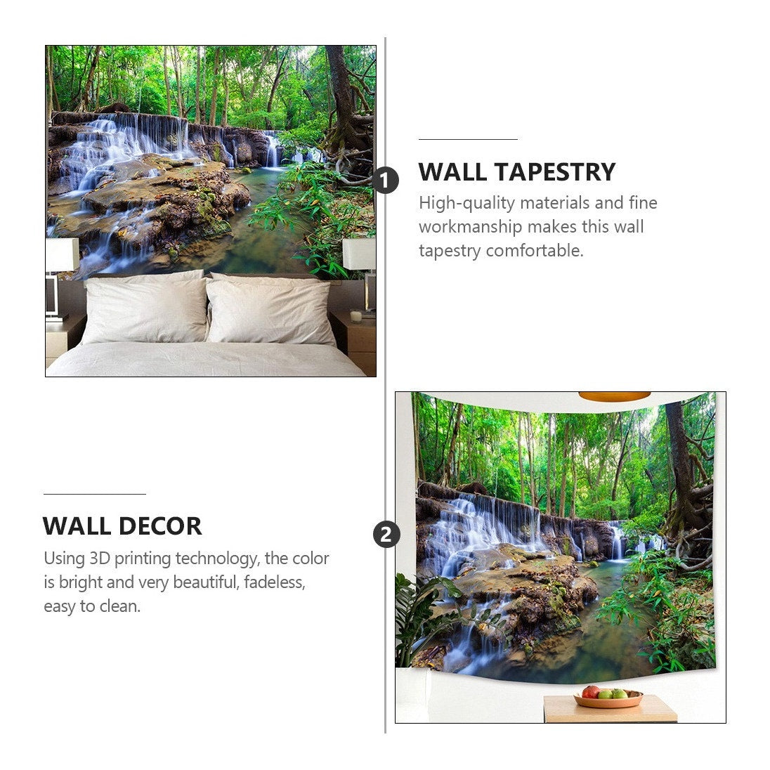 Waterfall Wall Tapestry Green Jungle Wall Hanging Tropical 5ft W X 4.2” L