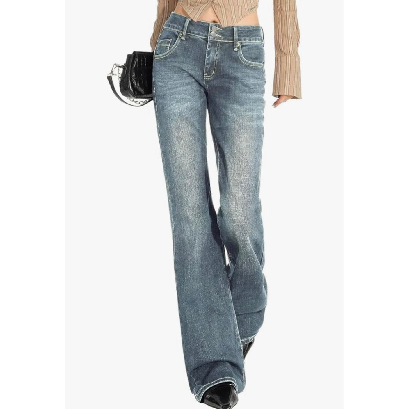 EMMIOL Mid-High Rise Flare Jeans Women, Stretchy Bootcut Retro Blue XS
