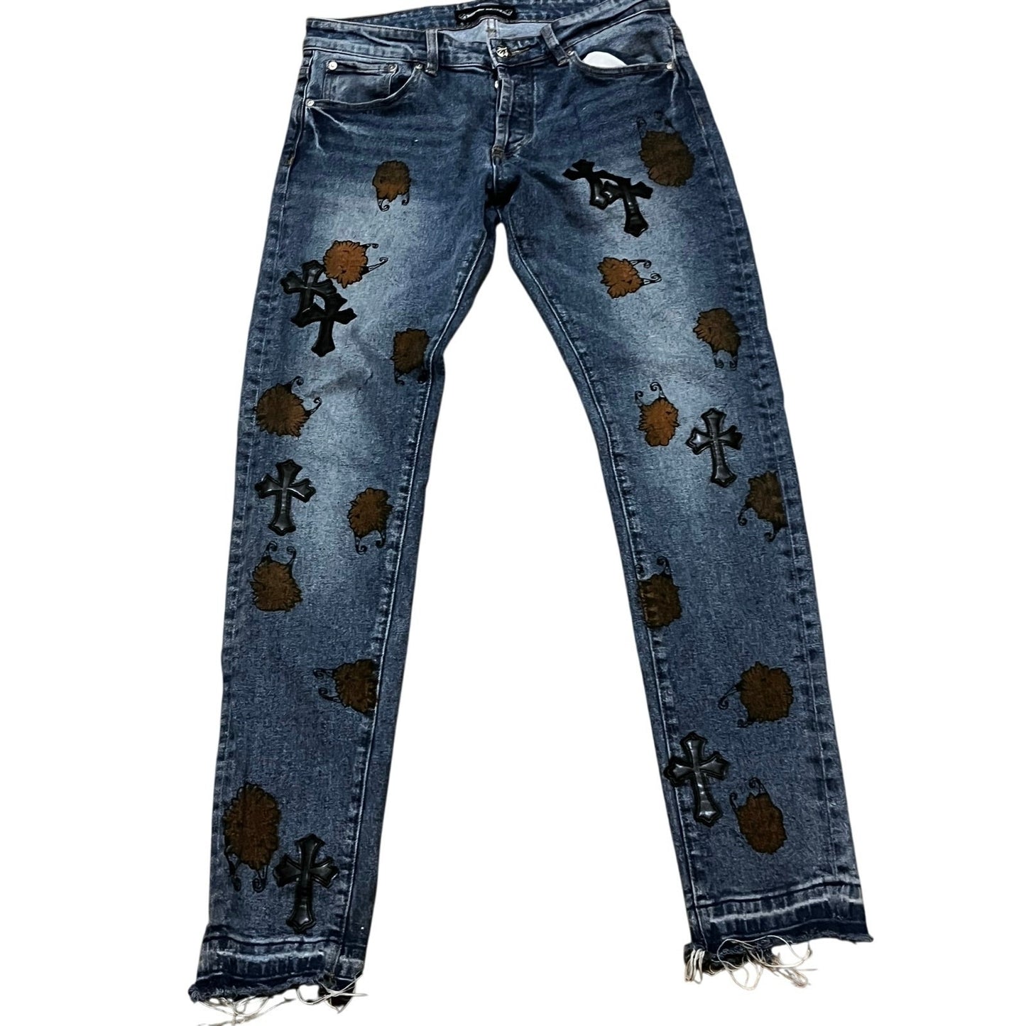 Men’s Blue Jeans With Black Crosses On Them
