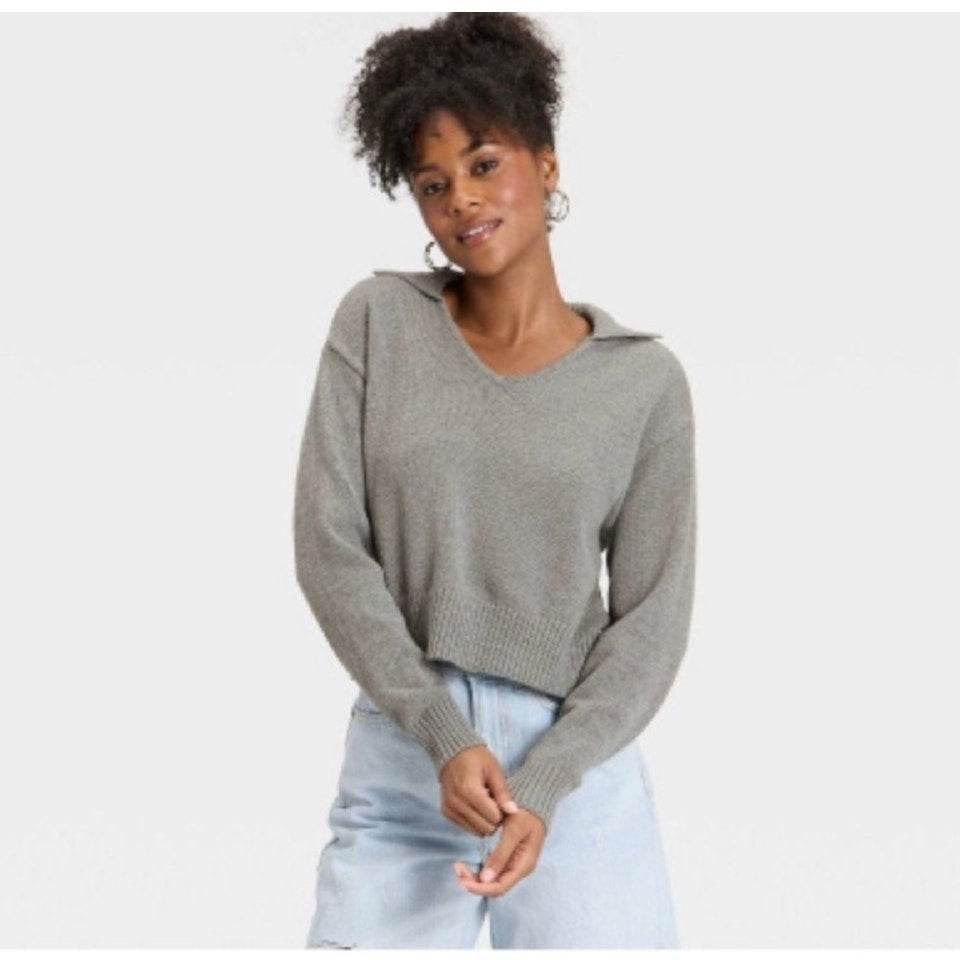 Women’s Long Sleeve Collared Neck Pullover Sweater - Universal Thread Gray Sz L