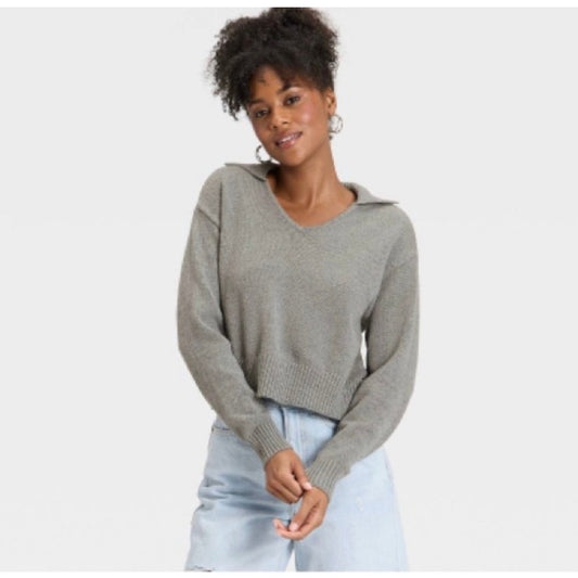 Women’s Long Sleeve Collared Neck Pullover Sweater - Universal Thread Gray Sz L
