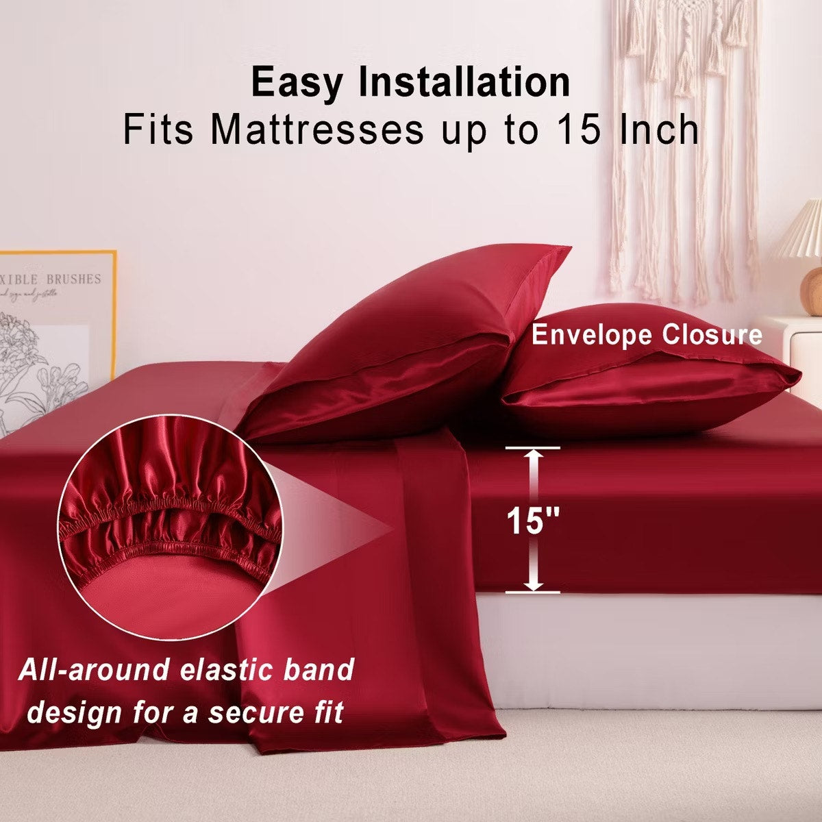 4 Pieces Satin Bed Sheet Set, Silky Cooling Soft Sheet Set, King, Wine Red