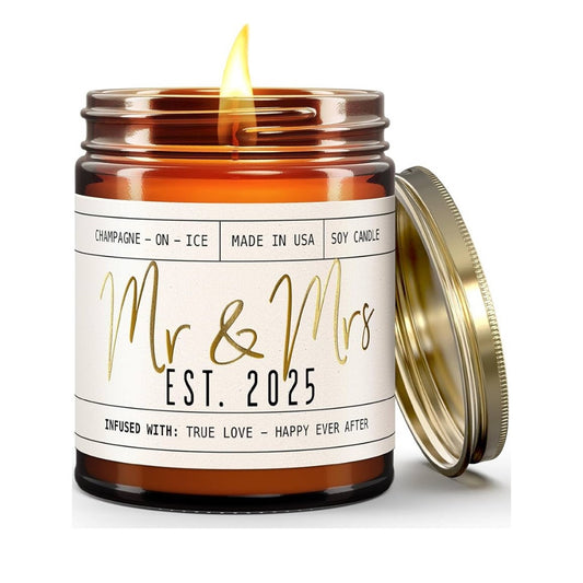 Wedding Gifts for Couples 2025, Bridal Shower Gifts from Bride - 'Mr & Mrs Est. 2025 Candle, w/Champagne on Ice