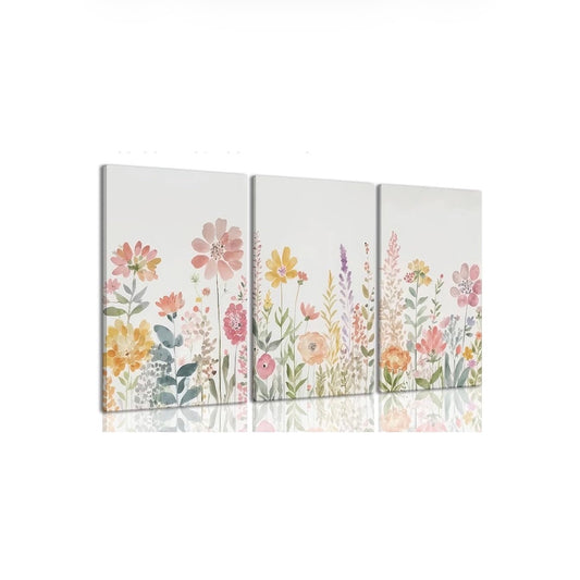 Framed Colorful Wildflower Canvas Wall Art, Floral Wall Art Set Of 3 21” X 16”