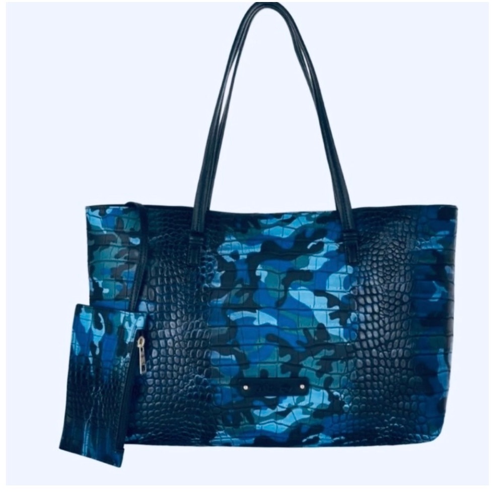 De Vesi L'Amour Crocodile Embossed Blue Camouflage Tote Bag 16”W X 11”L