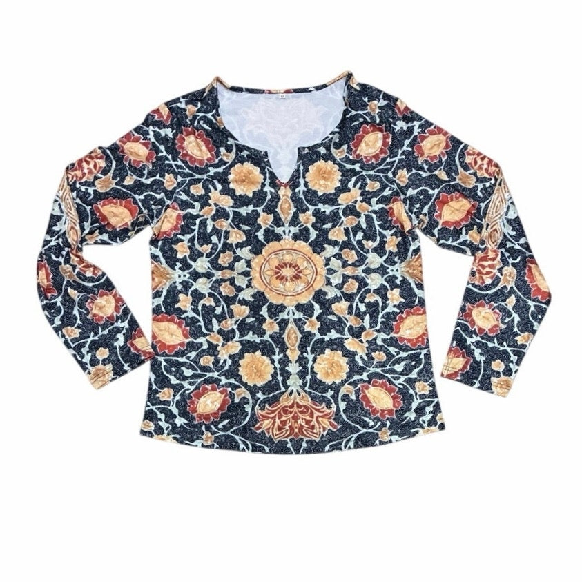 Long Sleeve Women’s V Neck Navy Shirt With Flowers Print On It  Size Medium