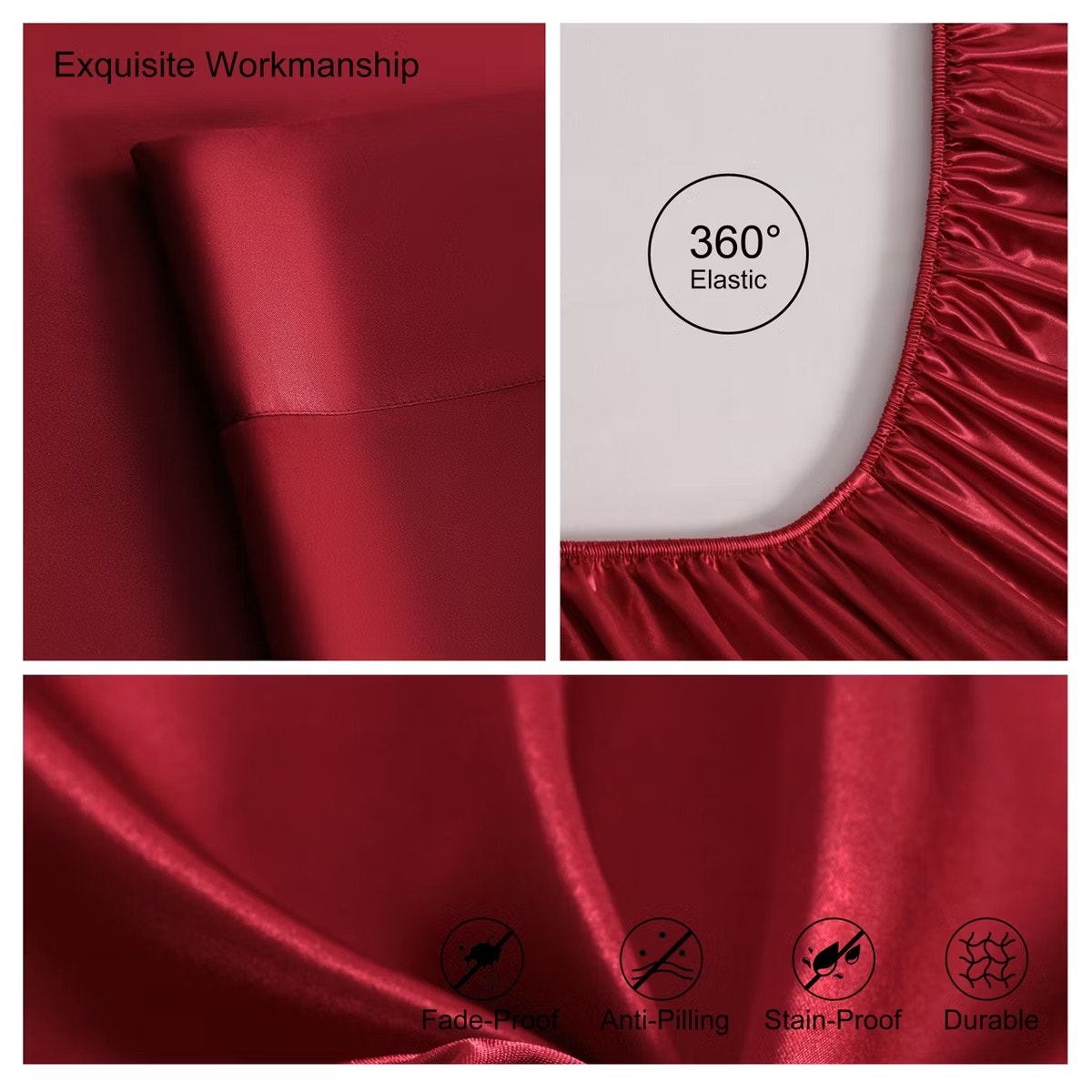 4 Pieces Satin Bed Sheet Set, Silky Cooling Soft Sheet Set, King, Wine Red