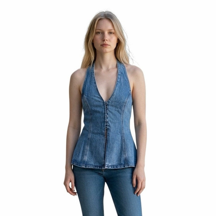 Meshki India Button Front Halter Denim Longline Top Size XXS