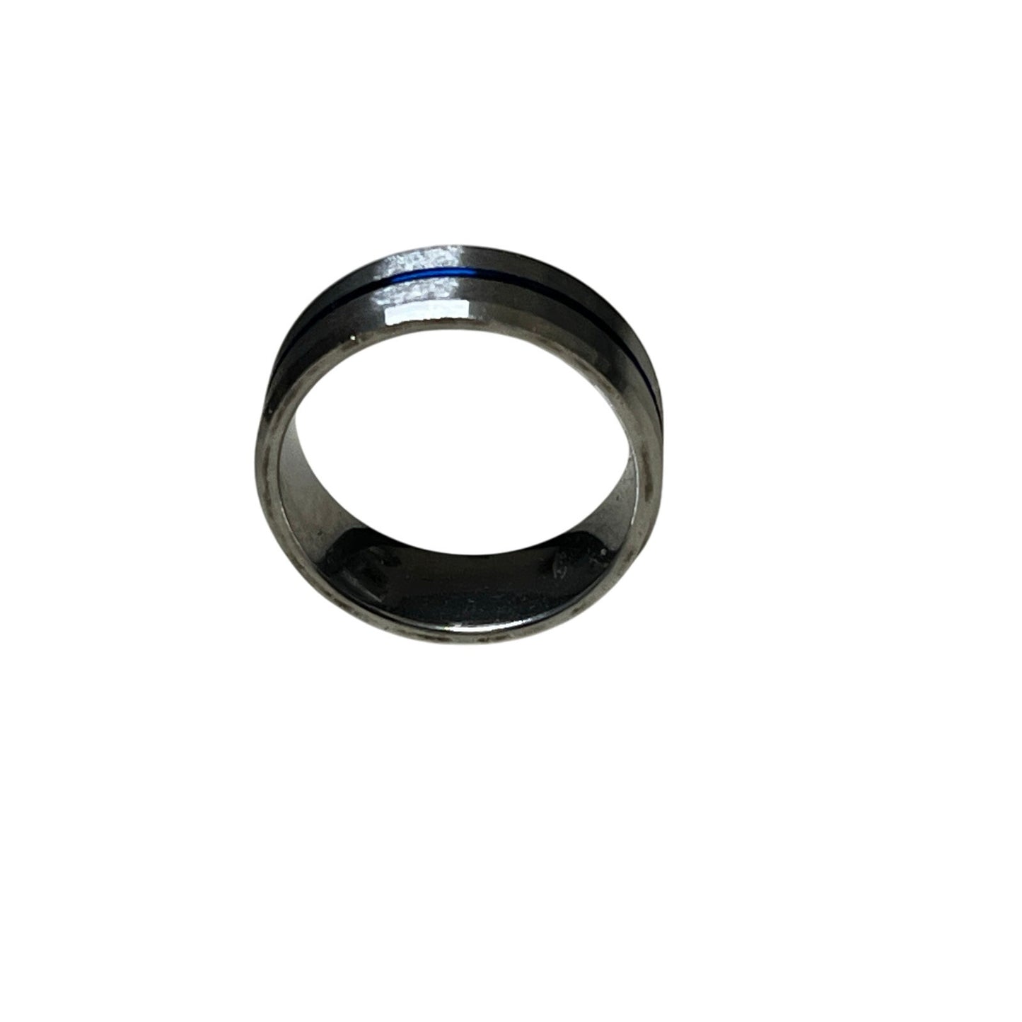 Sliver Stainless Steel Ring With 1 Blue Strip In The Middle Of It Size 19