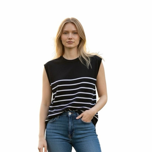 Ekouaer Women’s Black Vest With White Stripes Size Medium New
