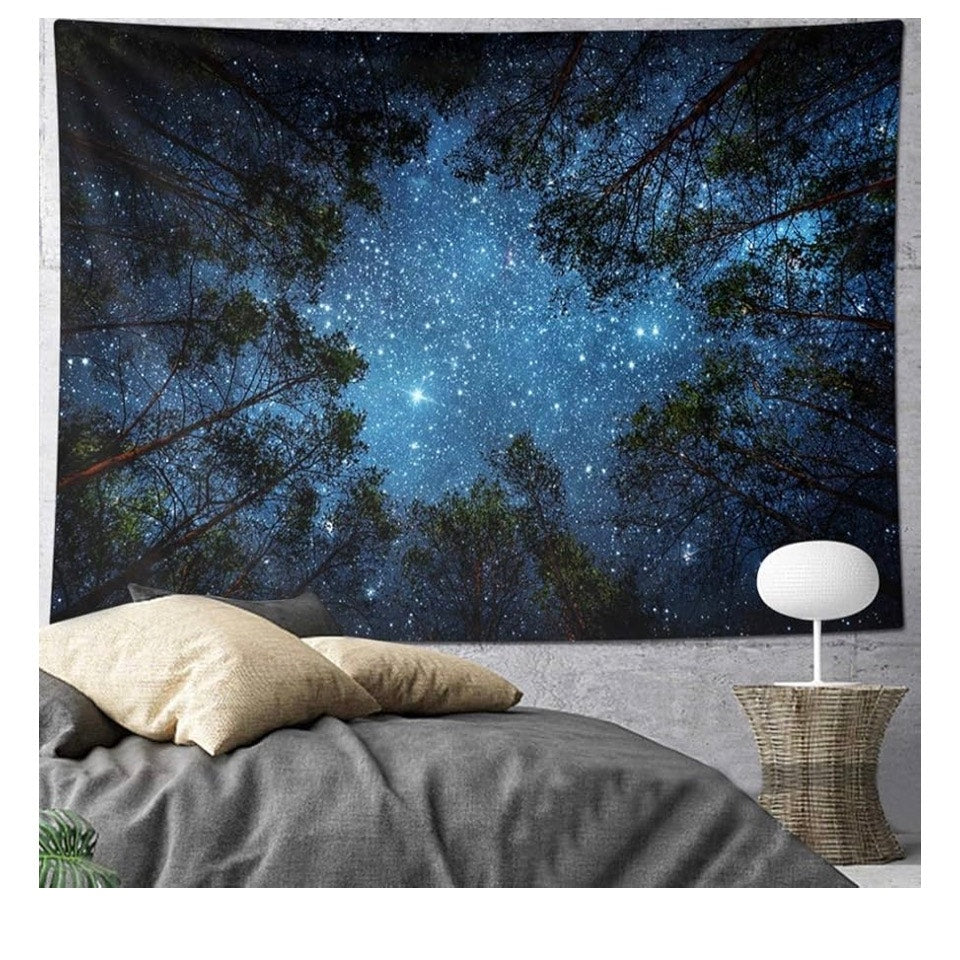 Starry Wall Tapestry, 3D Printing Forest Starry Night Tapestry Star Tree Tapestry Psychedelic Indian Wall Hanging Tapestry for Home Decor Bedroom Living Room, Large 79x58 Inches