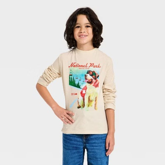 Boys' Long Sleeve 'National Park' Dog Graphic T-Shirt - Cat & Jack Cream XL 14