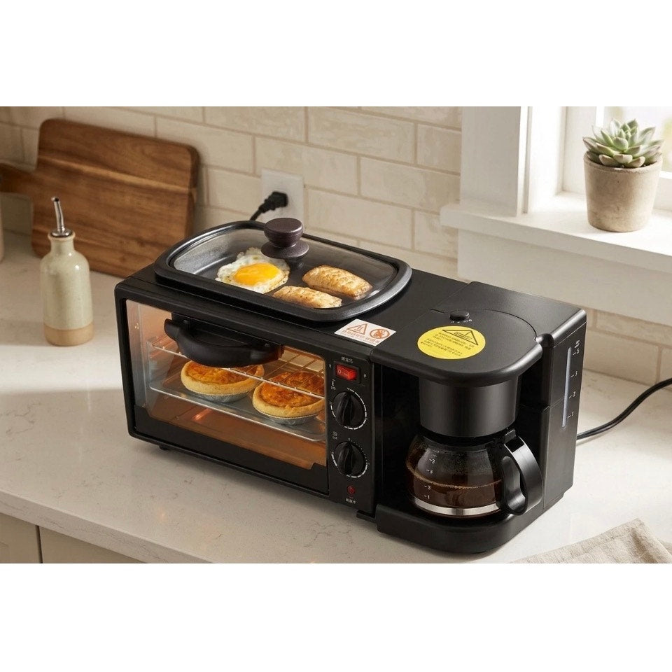 3-in-1 Breakfast Station with Coffee Maker, Non-Stick Griddle & Toaster Oven