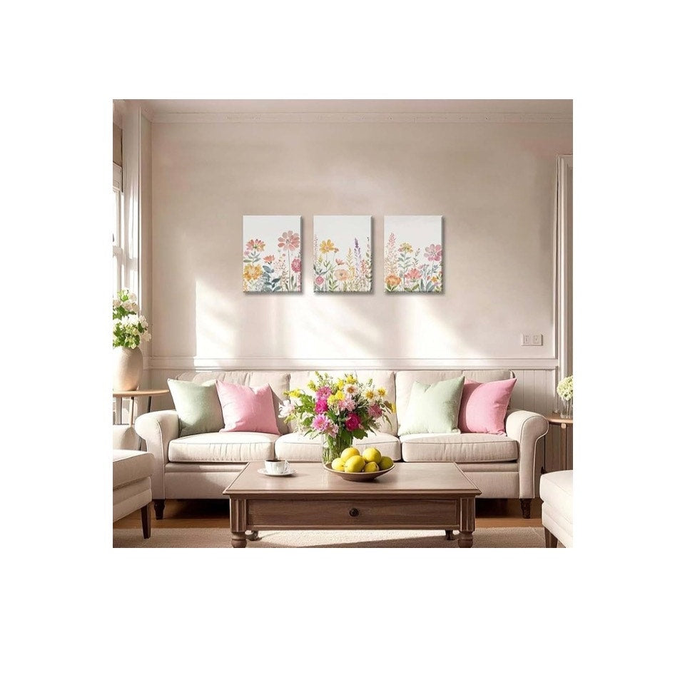 Framed Colorful Wildflower Canvas Wall Art, Floral Wall Art Set Of 3 21” X 16”