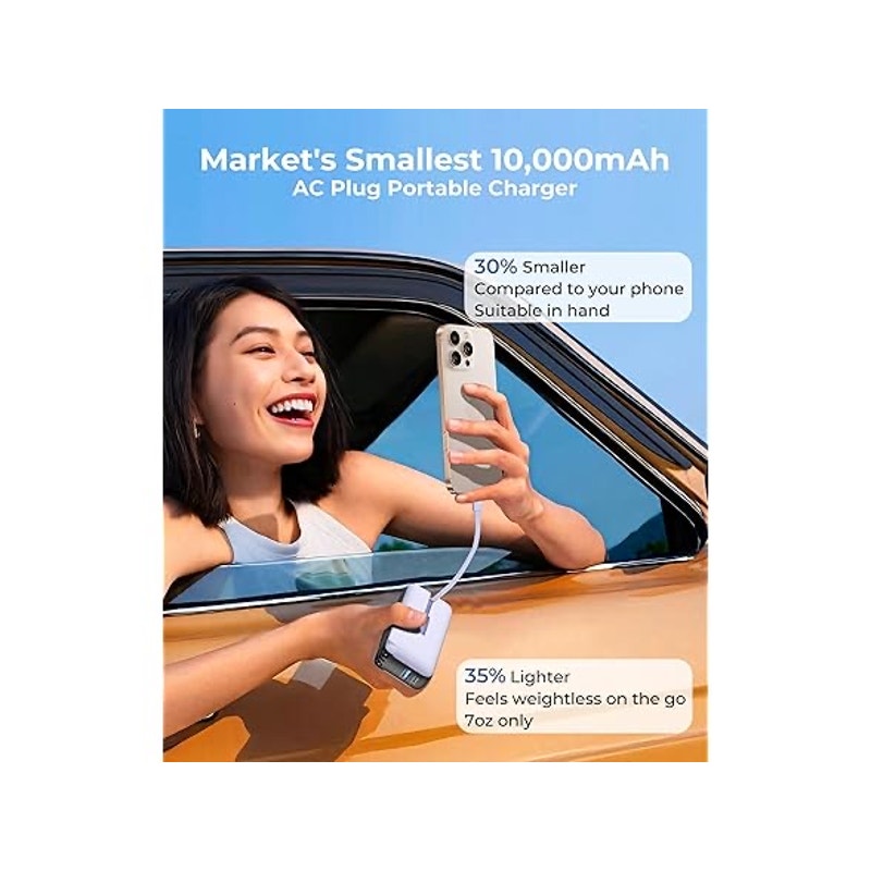 JOYFAR 10,000mAh Powerbank w/AC Plug and Built-in Cables
