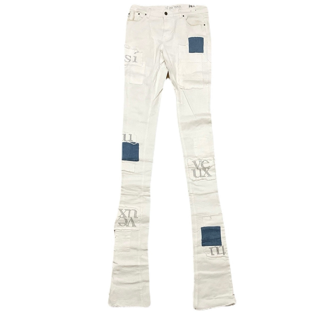 Si Tu Veux White Superstack Jeans With Blue patches Size 36