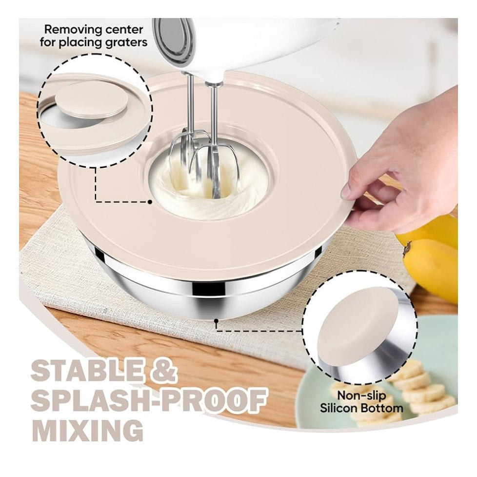 E-far 25PCS Mixing Bowls with Lid Set, Stainless Steel Nesting Prep Bowls with Grater Attachments Non-Slip Bottoms for Cooking, Serving, Food Storage, 4.6/2.6/2/1.5/1/0.7QT - Khaki