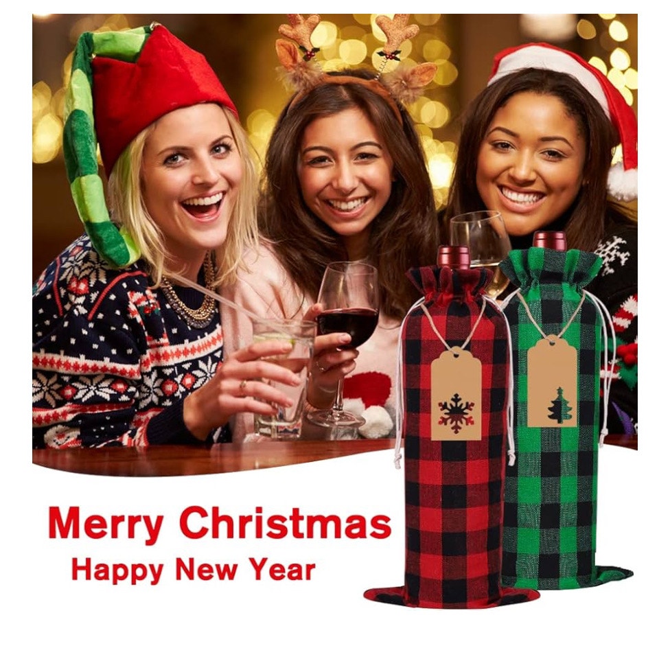 12 Christmas Wine Burlap Bags! Perfect for adding a rustic touch to your Christmas, New Year, wedding, or holiday parties.