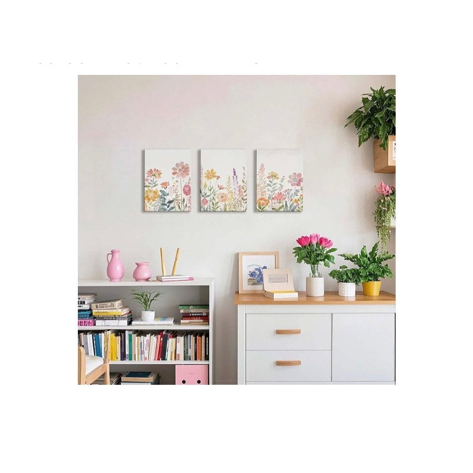 Framed Colorful Wildflower Canvas Wall Art, Floral Wall Art Set Of 3 21” X 16”