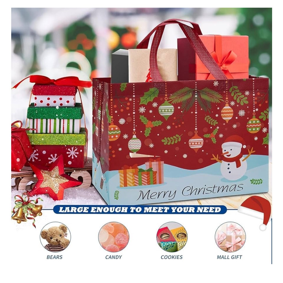 Heetobcos 12 Pack Christmas Gift Bags Large Reusable Tote Bags, Non-Wove Bags for New Year's Shopping, Christmas Surprise, Xmas Party Supplies,12.8"×9.8"×6.7"