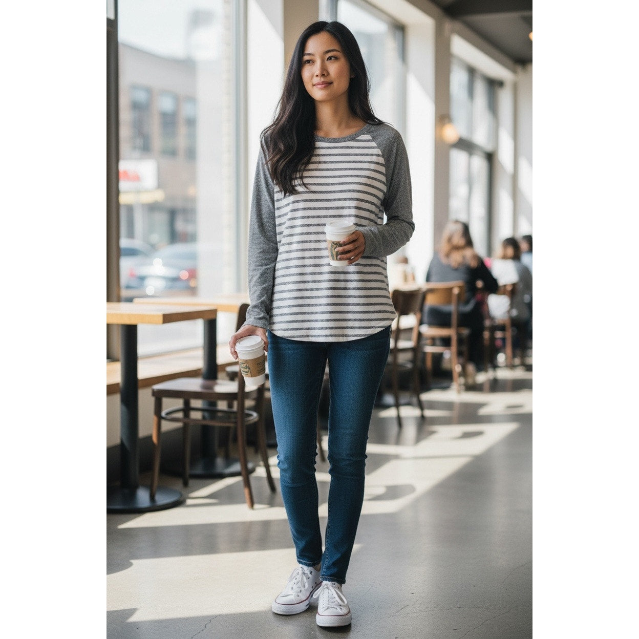 Old Navy Women’s Long Sleeve White With Gray Stripes Size Large