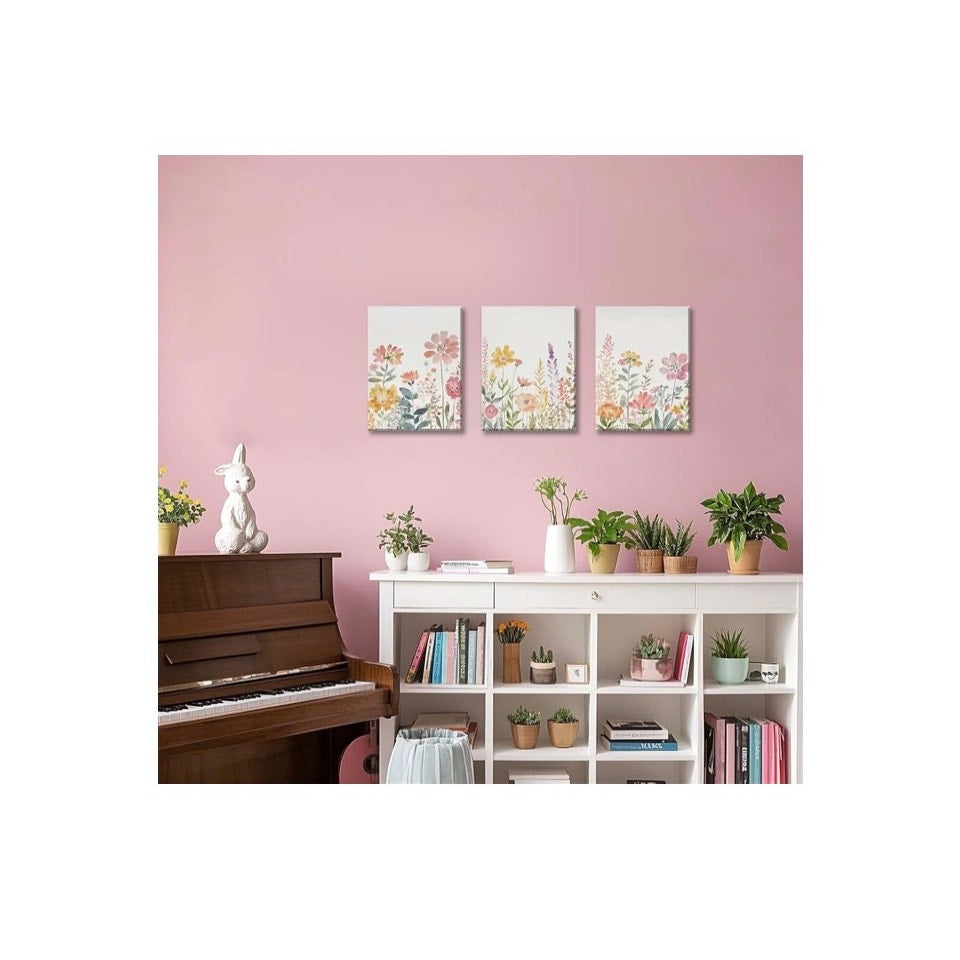 Framed Colorful Wildflower Canvas Wall Art, Floral Wall Art Set Of 3 21” X 16”