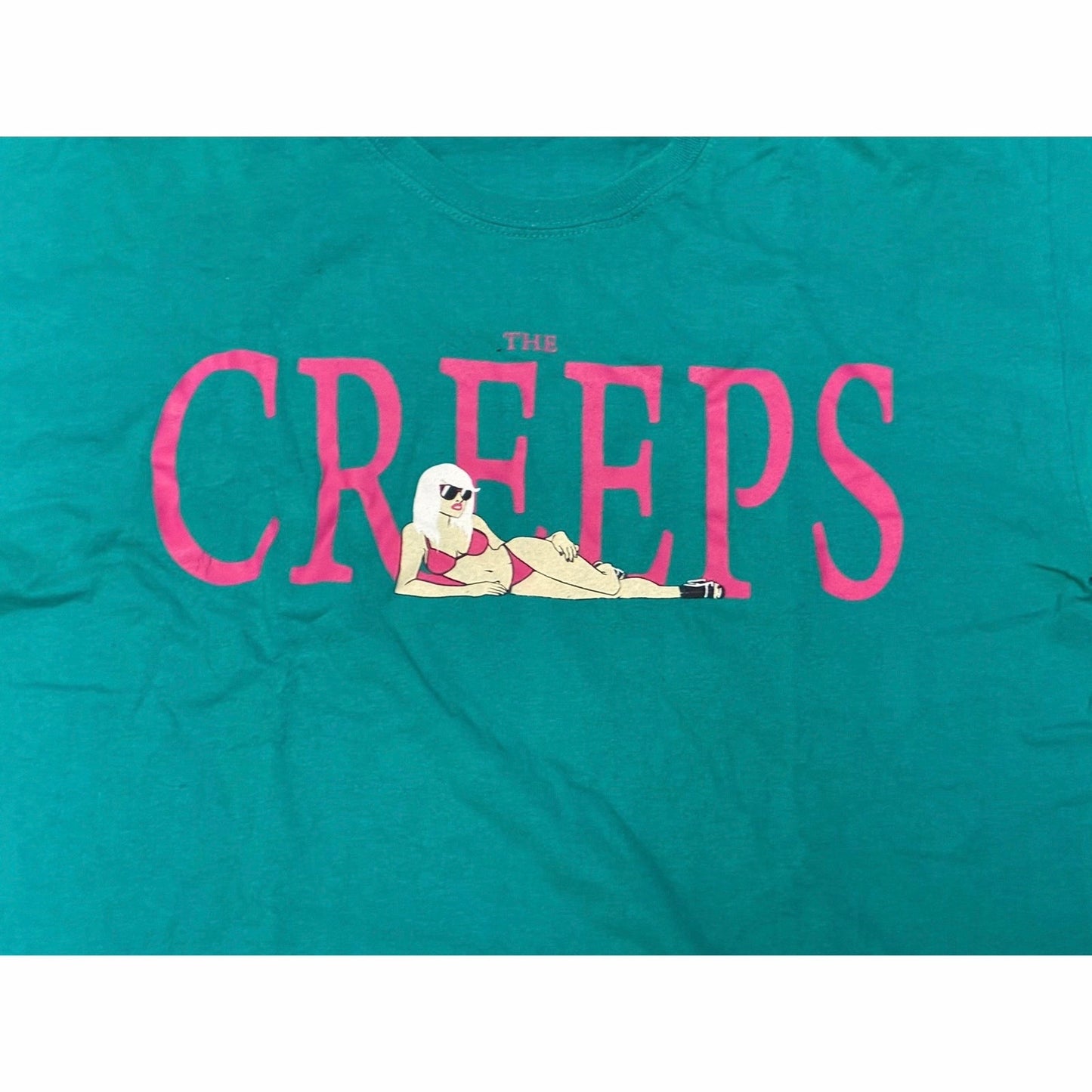 Creeps Teal Men’s T-Shirt With Pink Words On it Size Large