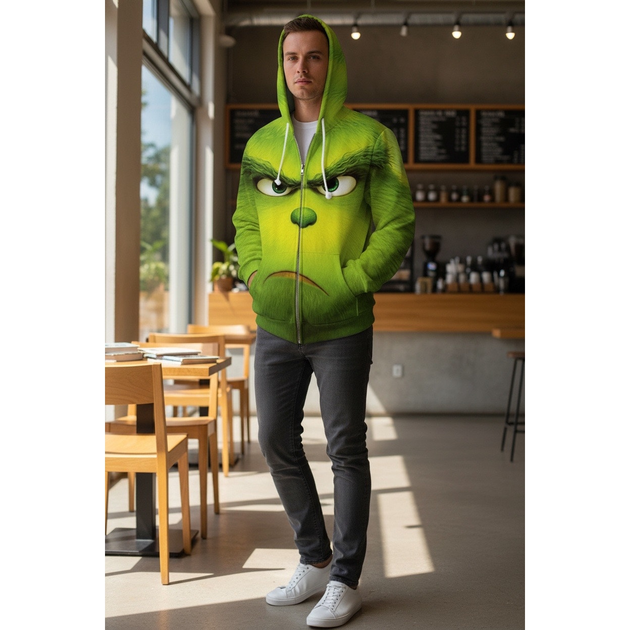 Grinch Hoodie - The Grinch Zip Up Hooded Sweatshirt Size Small