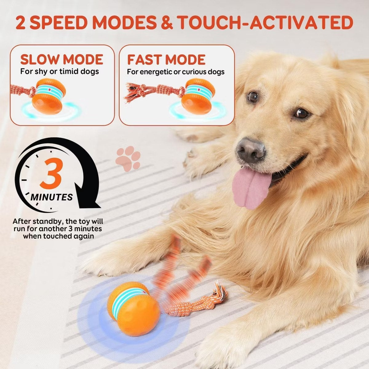 Attop Interactive Dog Toys, Random Path Automatic Moving and Rolling Dogs Toy with Rope Motion-Activated Orange