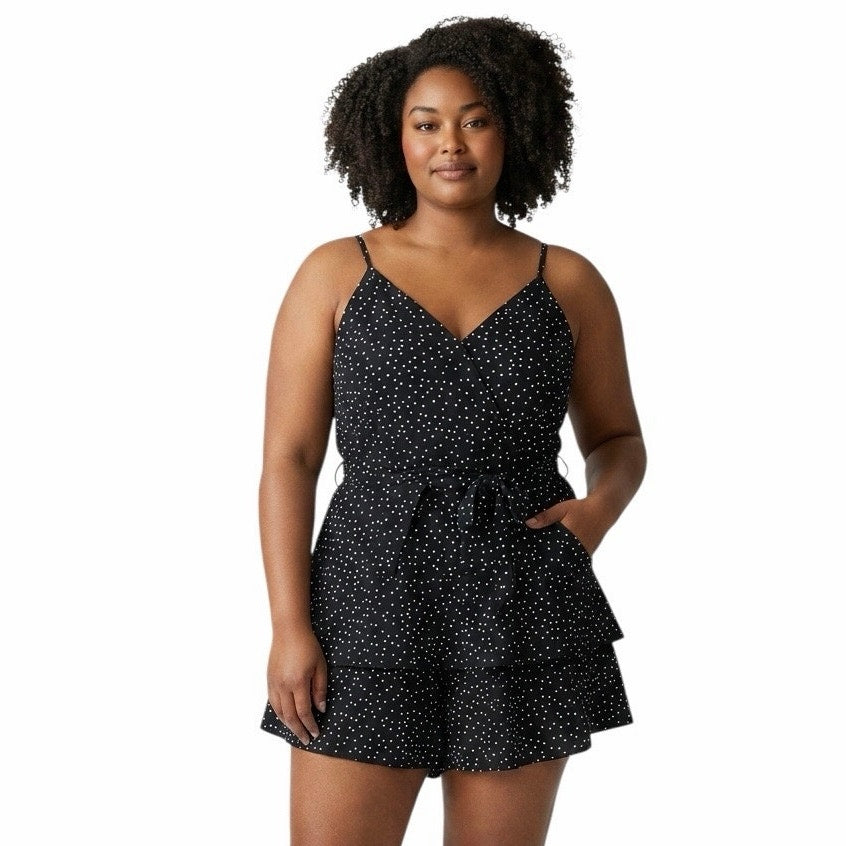 SHEIN jumpsuit features a black and white polka dot pattern ruffled tie waist