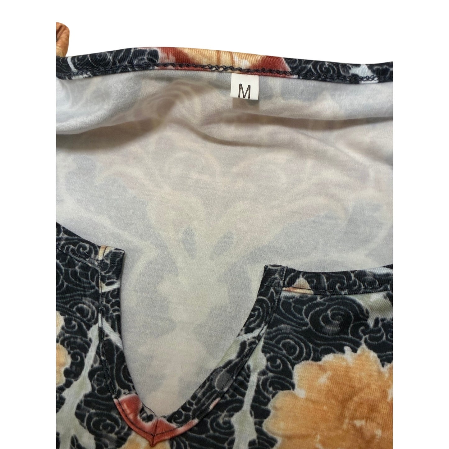 Long Sleeve Women’s V Neck Navy Shirt With Flowers Print On It  Size Medium