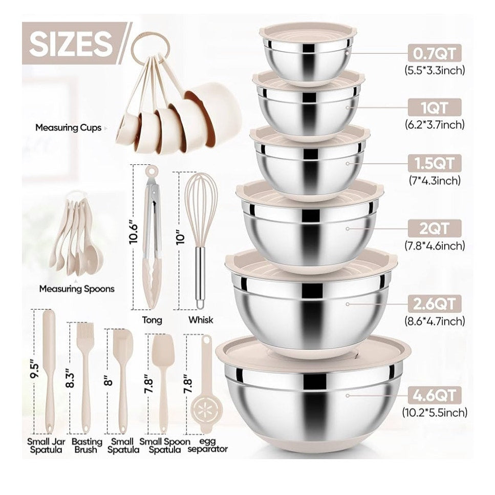 E-far 25PCS Mixing Bowls with Lid Set, Stainless Steel Nesting Prep Bowls with Grater Attachments Non-Slip Bottoms for Cooking, Serving, Food Storage, 4.6/2.6/2/1.5/1/0.7QT - Khaki