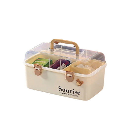 cream-colored plastic medicine storage box with a transparent lid