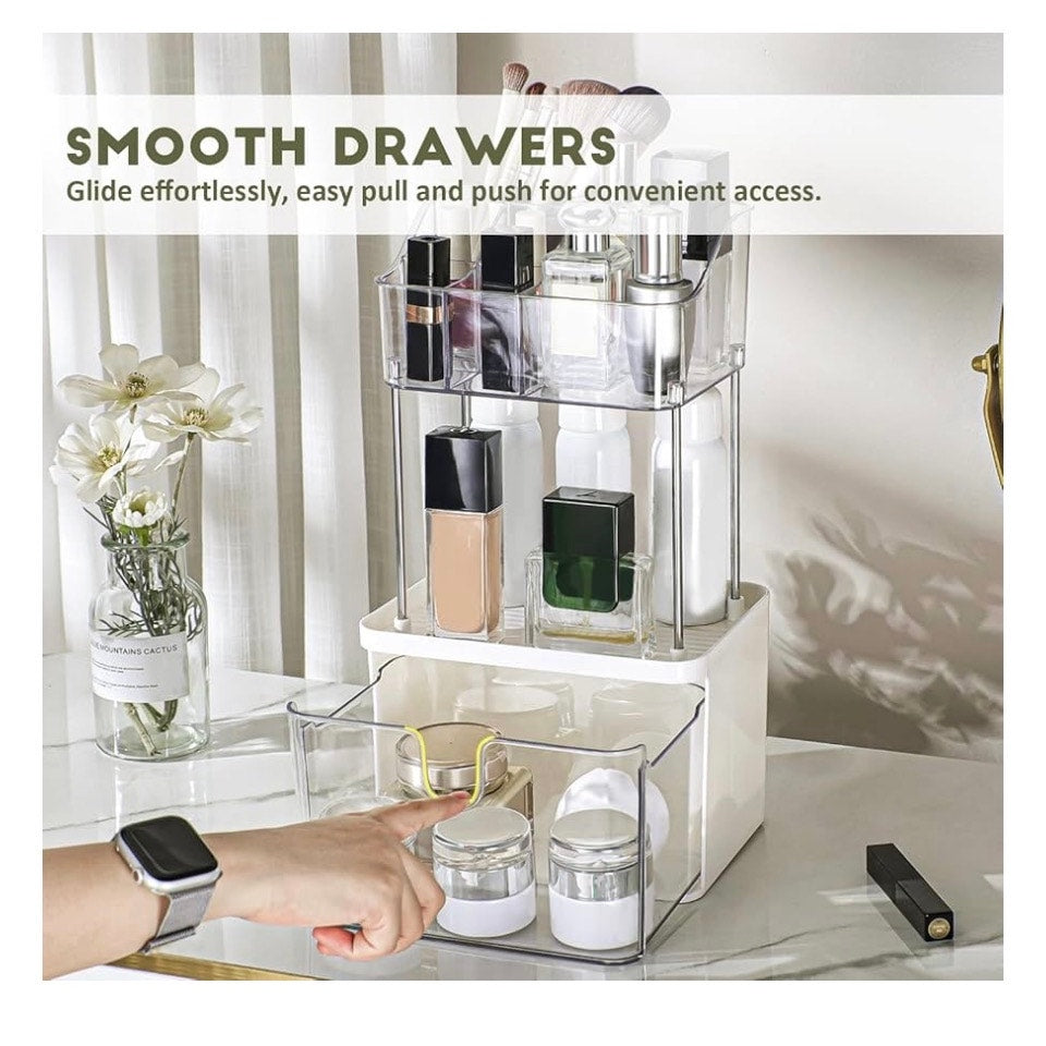 Makeup Organizer for Vanity, 2-Tier 1-Drawer Bathroom Counter Organizer