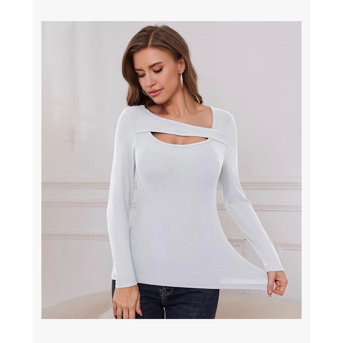 Long Sleeve Shirts Women Ribbed 1 Piece Cutout Tops Fashion Slim Fitted Clothes