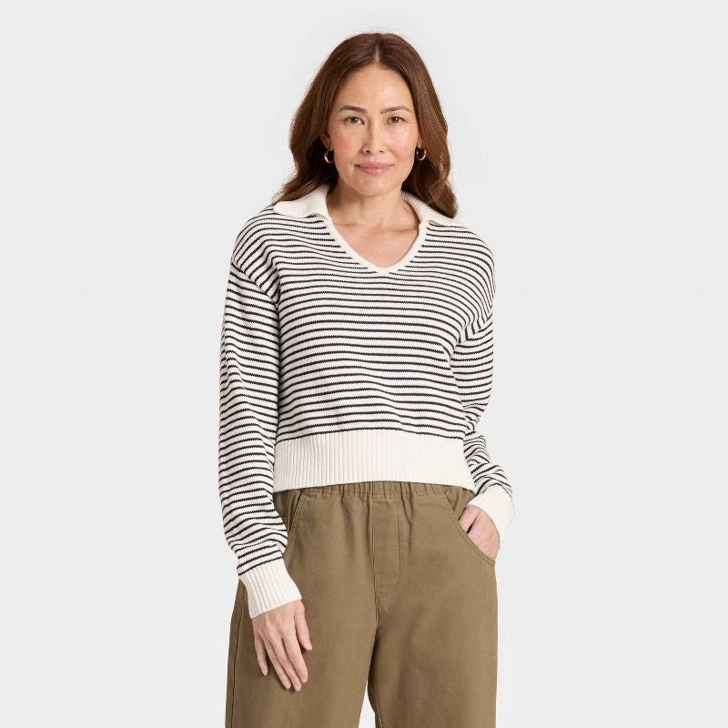 Long Sleeve Collared Neck Pullover Sweater - Universal Thread Black Striped XXL