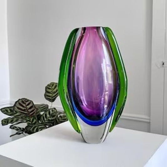 Beautiful LARGE vintage Murano Sommerso purple blue green oval abstract art glass vase hand blown 8” Italian Mid Century decor