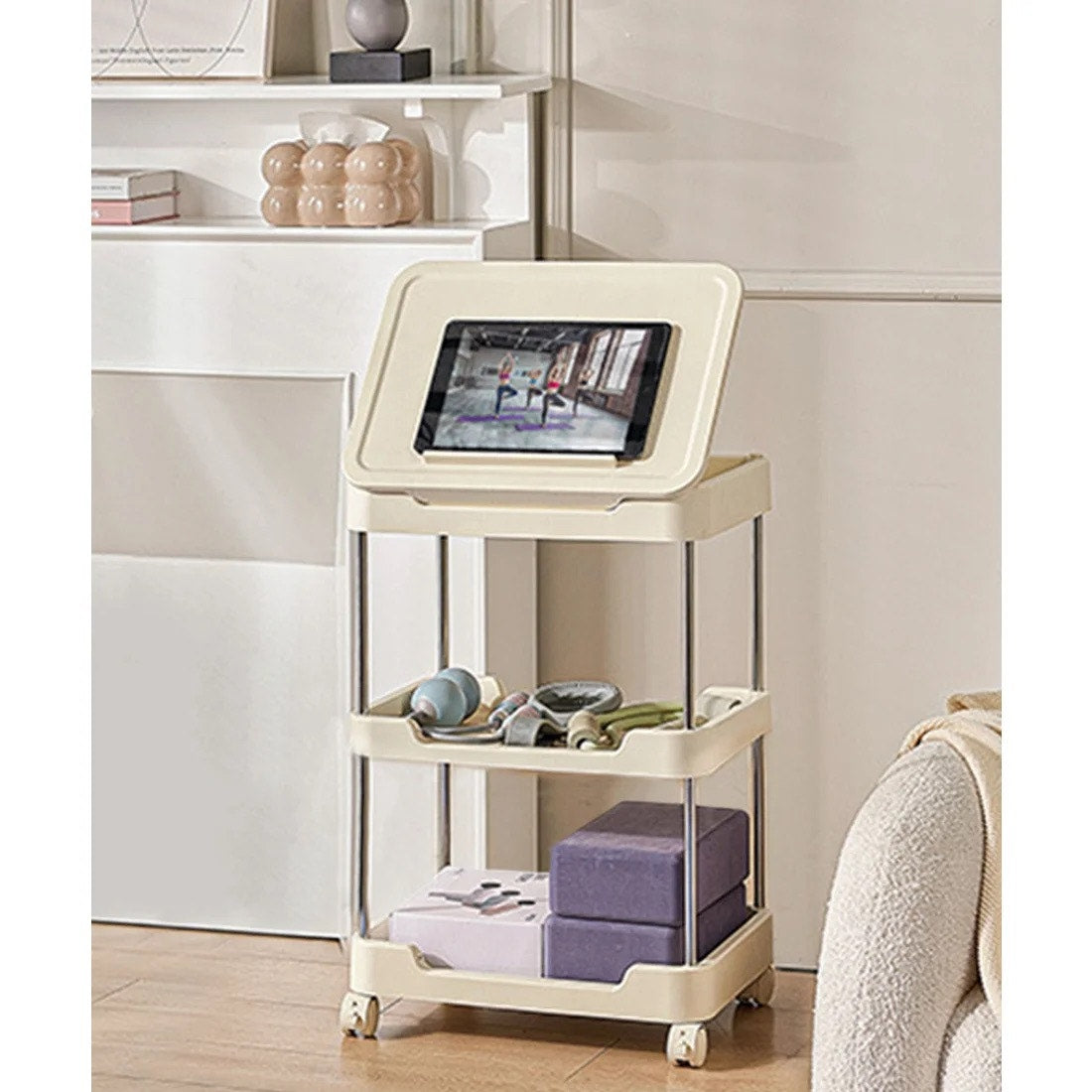 3-tier rolling utility cart with a top handle and drawer feature.