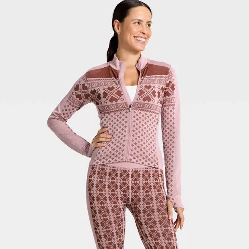 All In Motion Seamless Fair Isle Printed Full Zip Jacket, M - Maroon/Light Pink